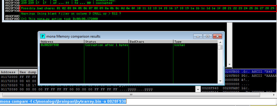 !mona compare -f c:\monalogs\brainpan\bytearray.bin -a 0028F930