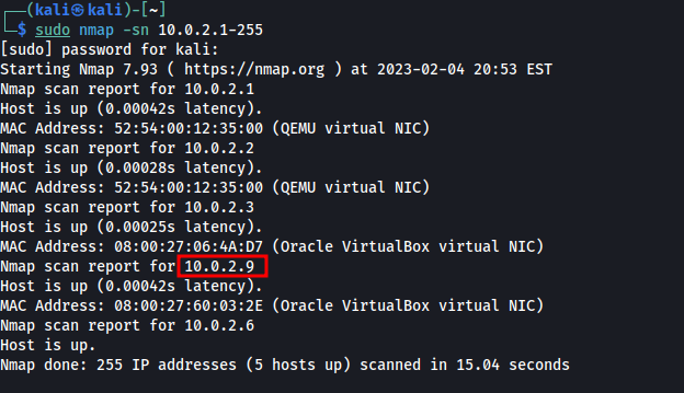 scan nmap 10.0.2.9