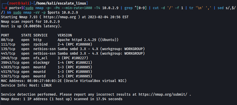 scan nmap ports 10.0.2.9
